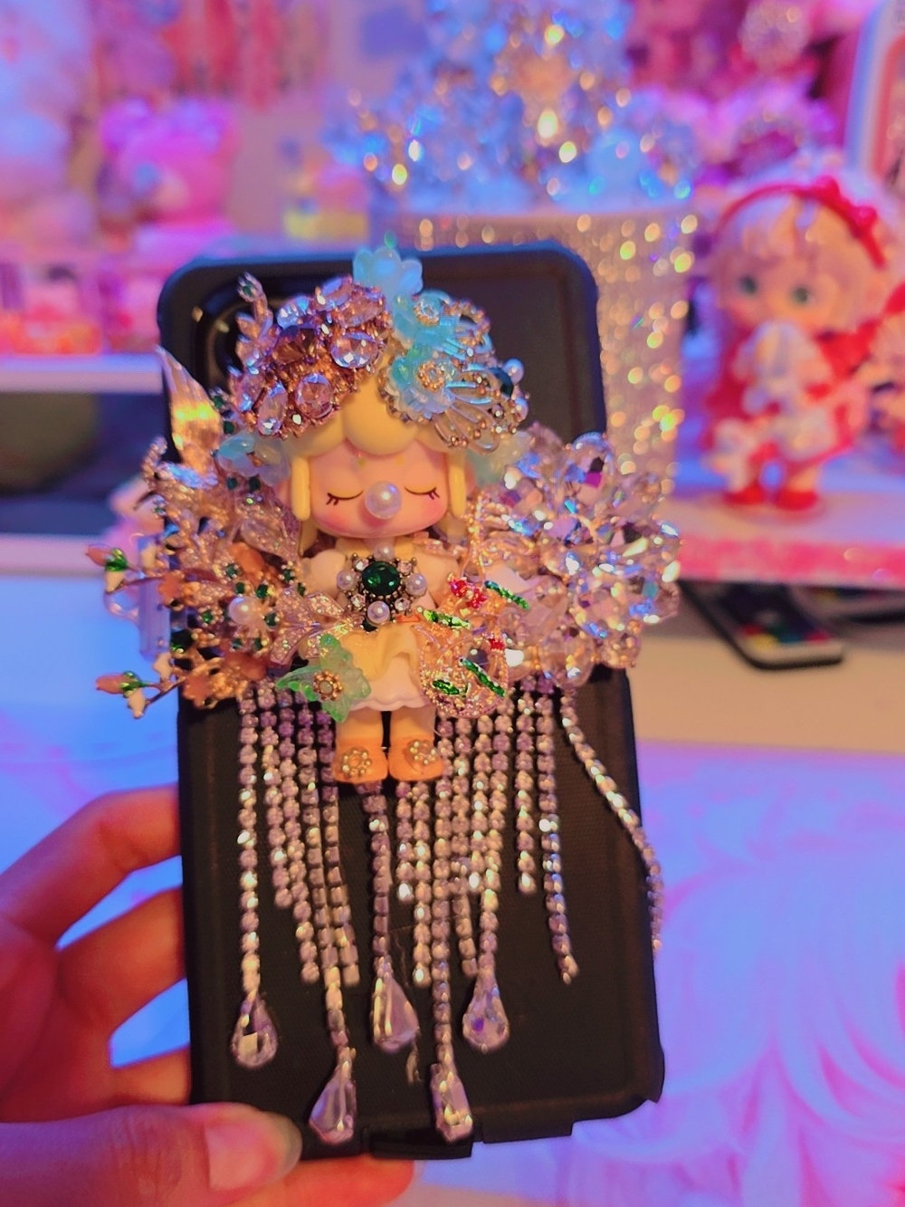 Rhinestone Crystal Nanci Phone Clip - Gold, Green, Pink Accents
